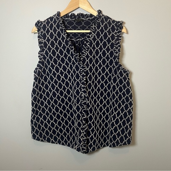 Ann Taylor Blue and White Ruffled Sleeveless Blouse - Picture 1 of 7